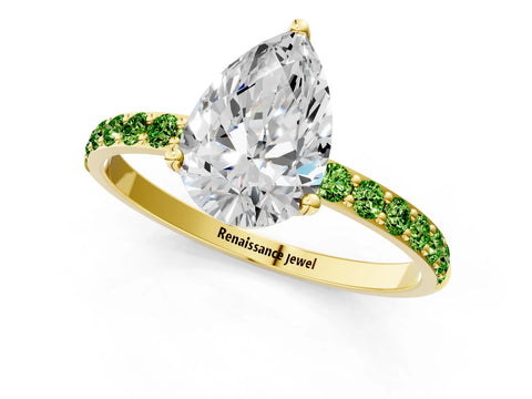 Yellow gold Pear Cut Diamond Solitaire Engagement Ring with Round with Peridot side stone Pavé Band and Prong Setting_1