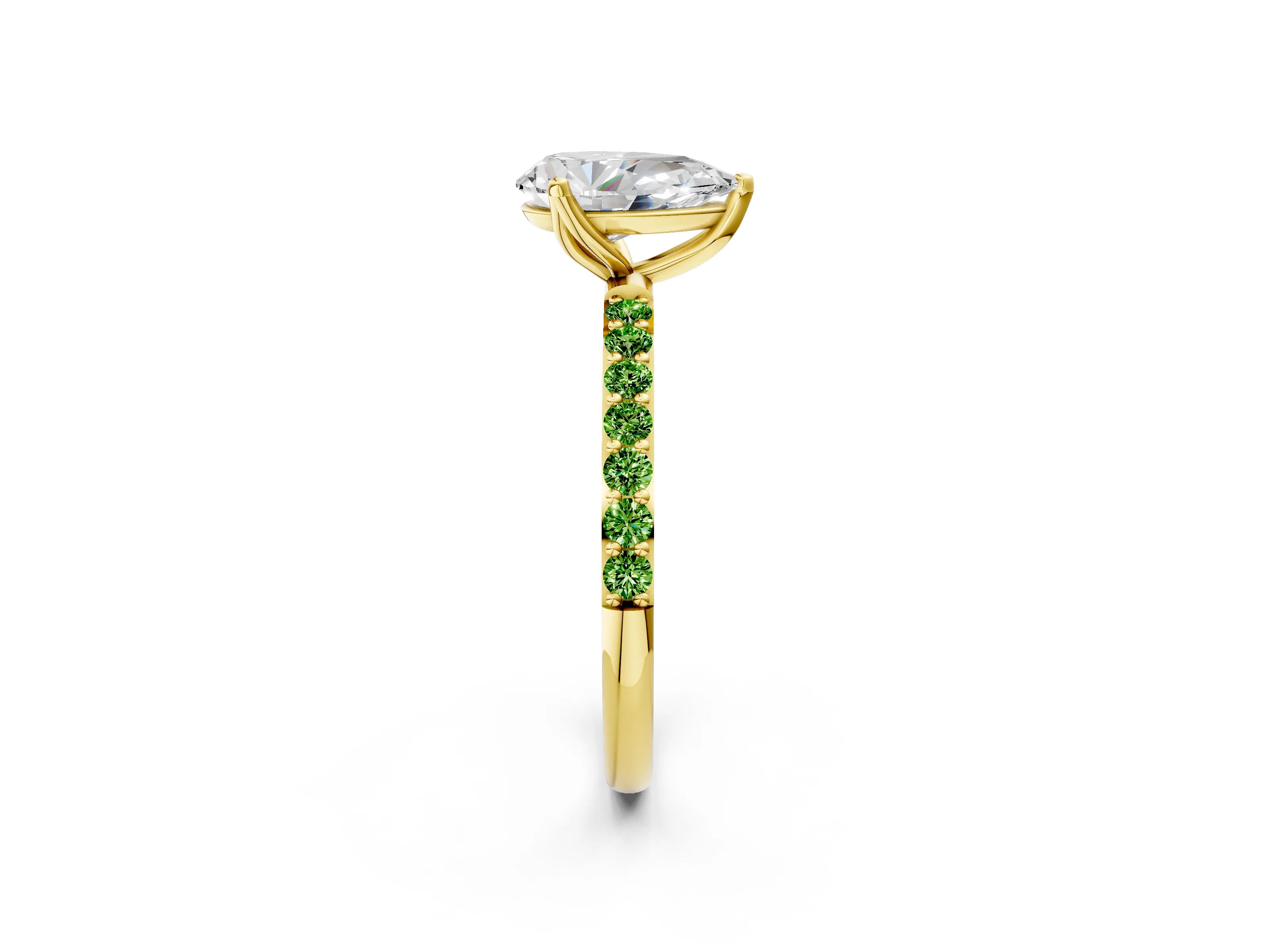 Yellow gold Pear Cut Diamond Solitaire Engagement Ring with Round with Peridot side stone Pavé Band and Prong Setting_2