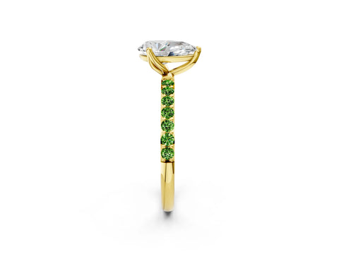 Yellow gold Pear Cut Diamond Solitaire Engagement Ring with Round with Peridot side stone Pavé Band and Prong Setting_2