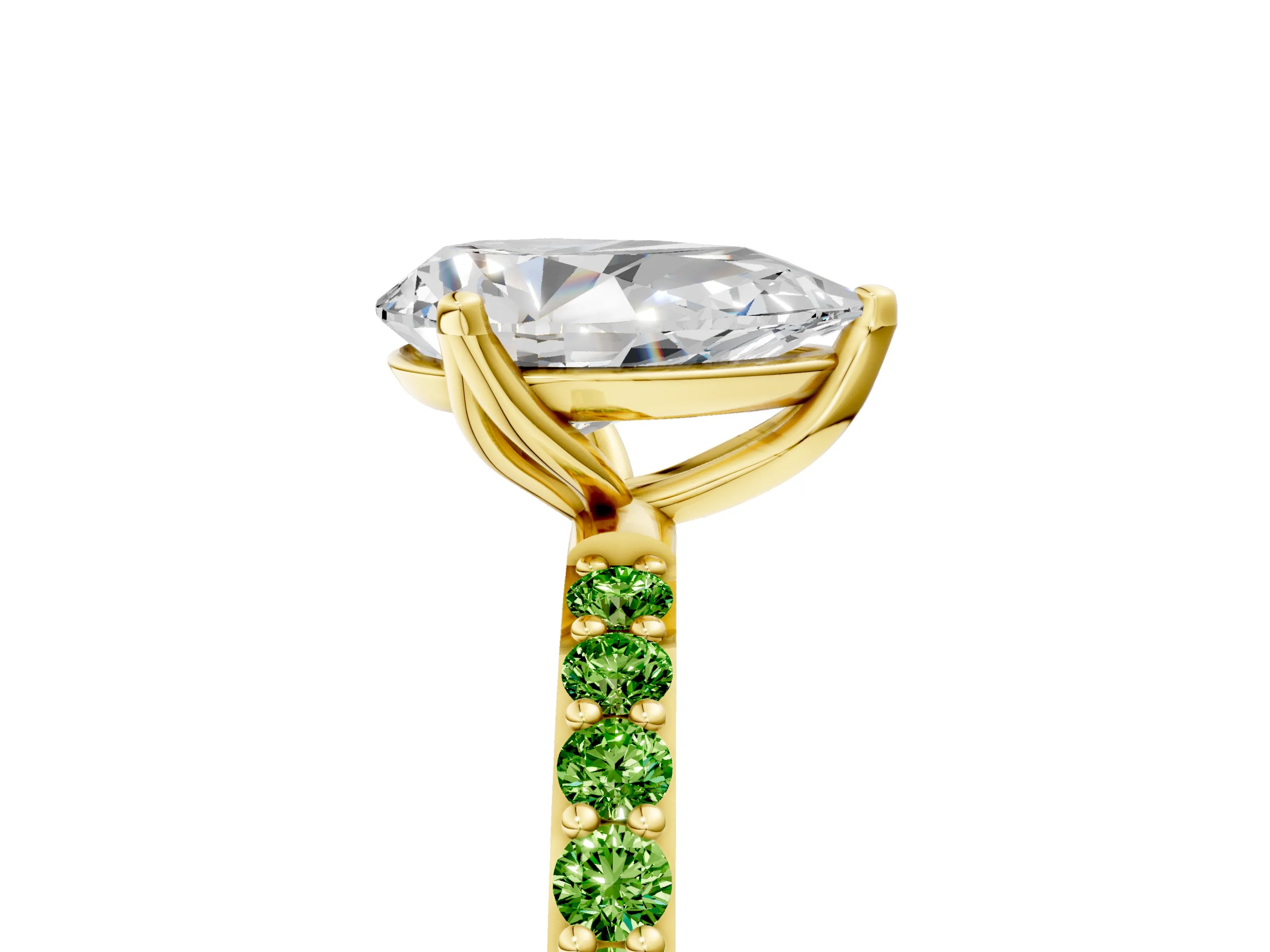 Yellow gold Pear Cut Diamond Solitaire Engagement Ring with Round with Peridot side stone Pavé Band and Prong Setting_5