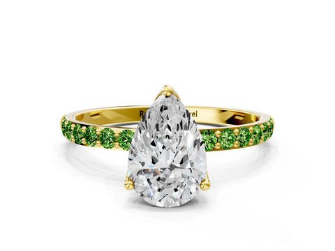 Yellow gold Pear Cut Diamond Solitaire Engagement Ring with Round with Peridot side stone Pavé Band and Prong Setting