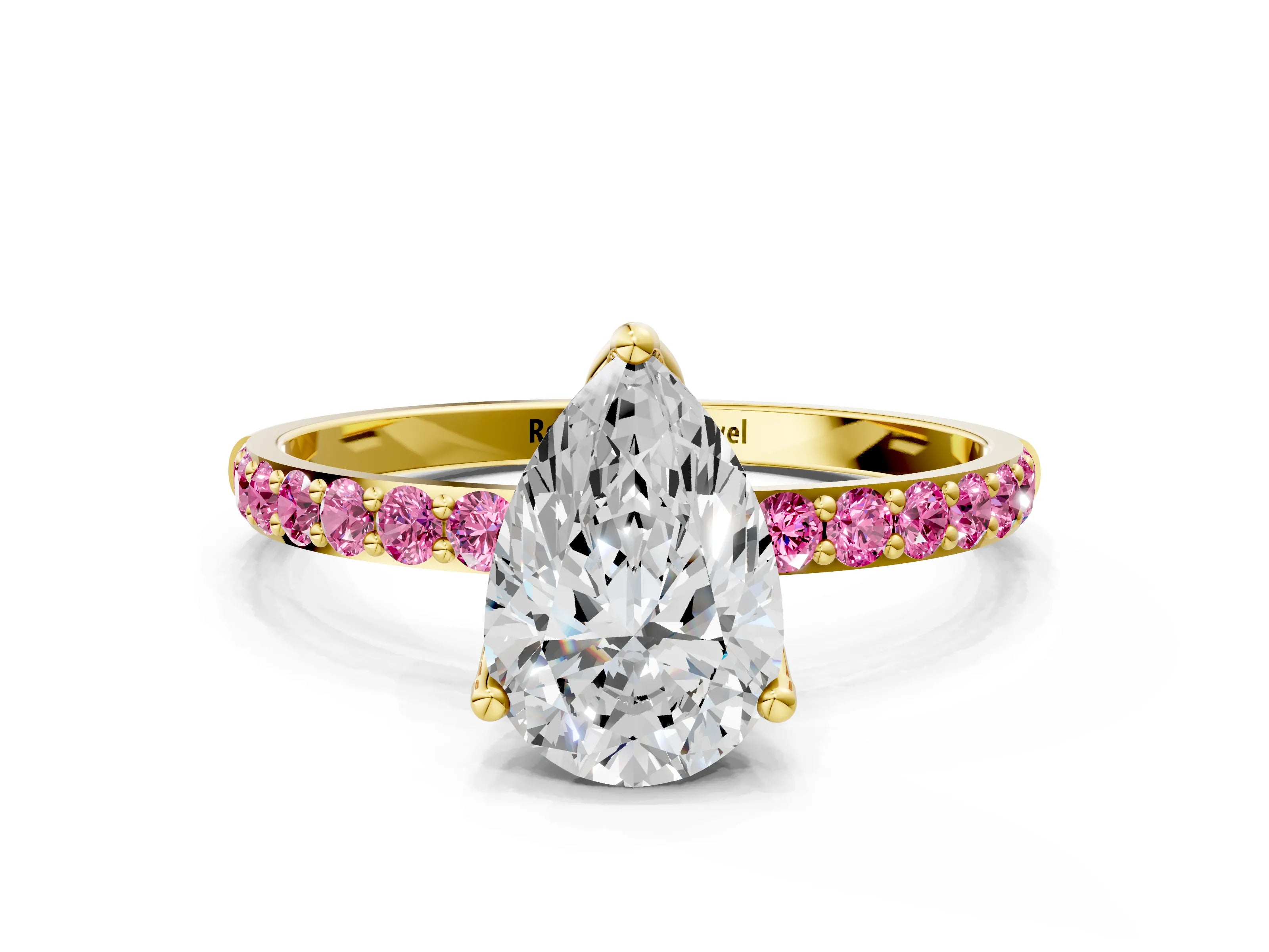 Yellow gold Pear Cut Diamond Solitaire Engagement Ring with Round with Pink Sapphire side stone Pavé Band and Prong Setting