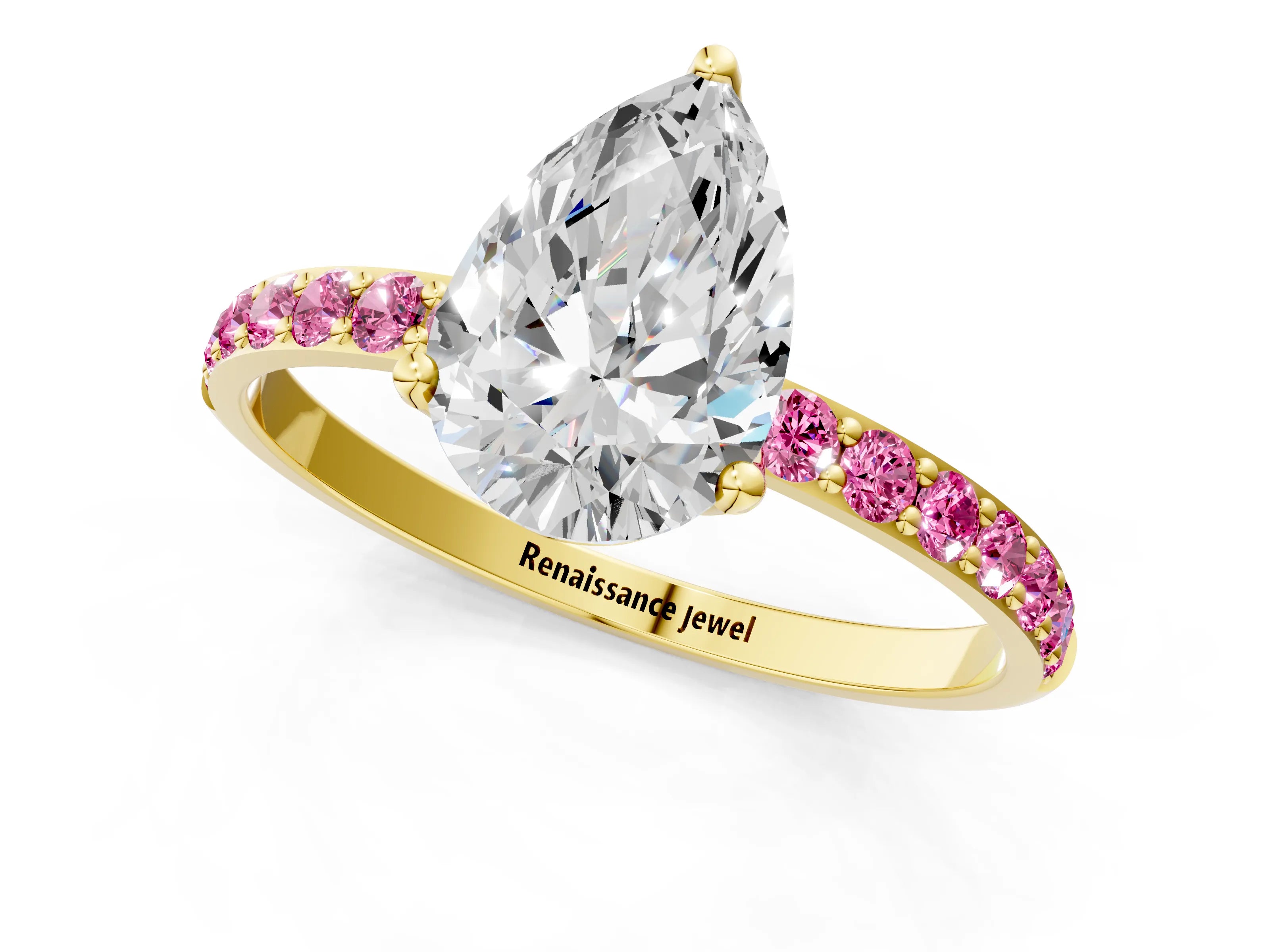 Yellow gold Pear Cut Diamond Solitaire Engagement Ring with Round with Pink Sapphire side stone Pavé Band and Prong Setting_1