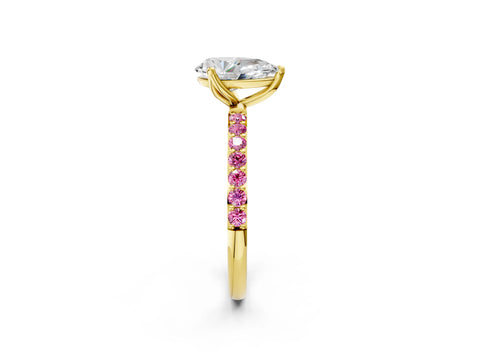 Yellow gold Pear Cut Diamond Solitaire Engagement Ring with Round with Pink Sapphire side stone Pavé Band and Prong Setting_2