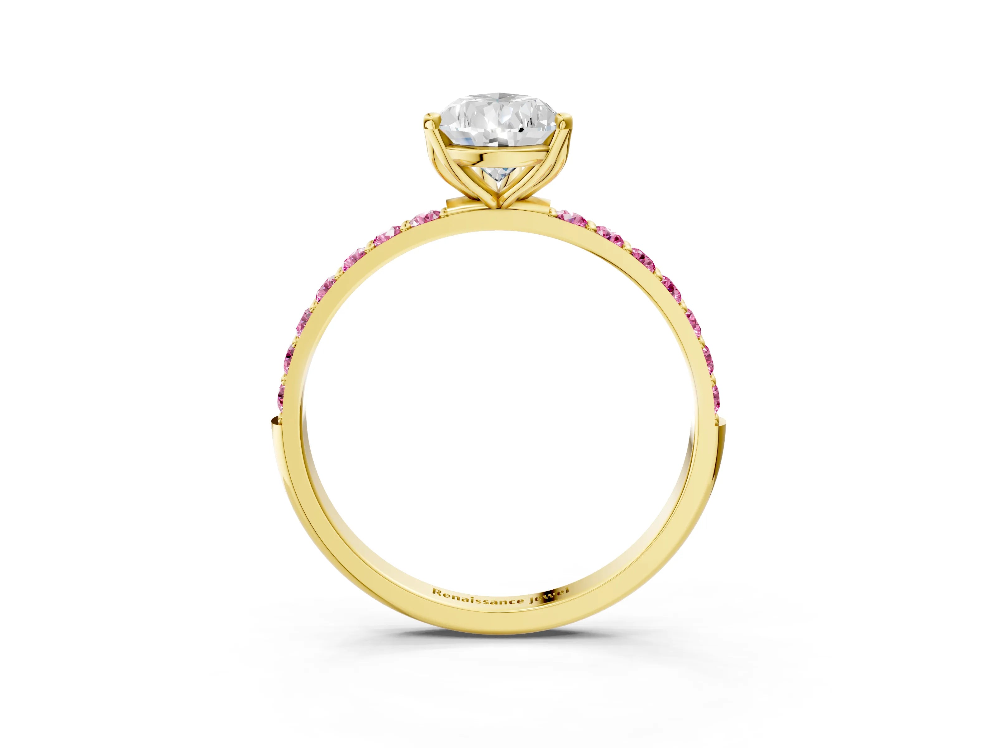 Yellow gold Pear Cut Diamond Solitaire Engagement Ring with Round with Pink Sapphire side stone Pavé Band and Prong Setting_3