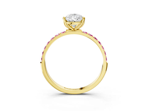 Yellow gold Pear Cut Diamond Solitaire Engagement Ring with Round with Pink Sapphire side stone Pavé Band and Prong Setting_3