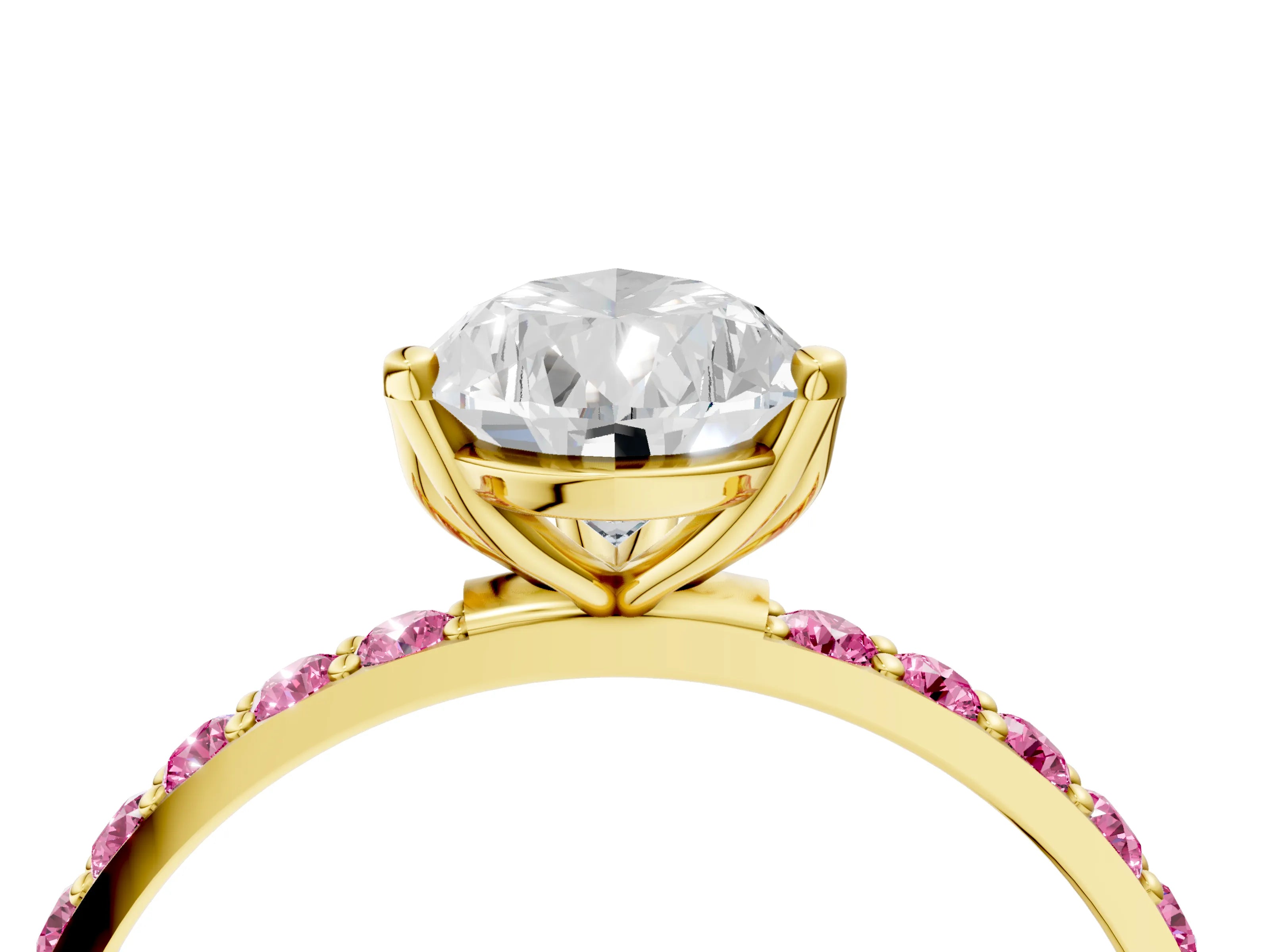 Yellow gold Pear Cut Diamond Solitaire Engagement Ring with Round with Pink Sapphire side stone Pavé Band and Prong Setting_4