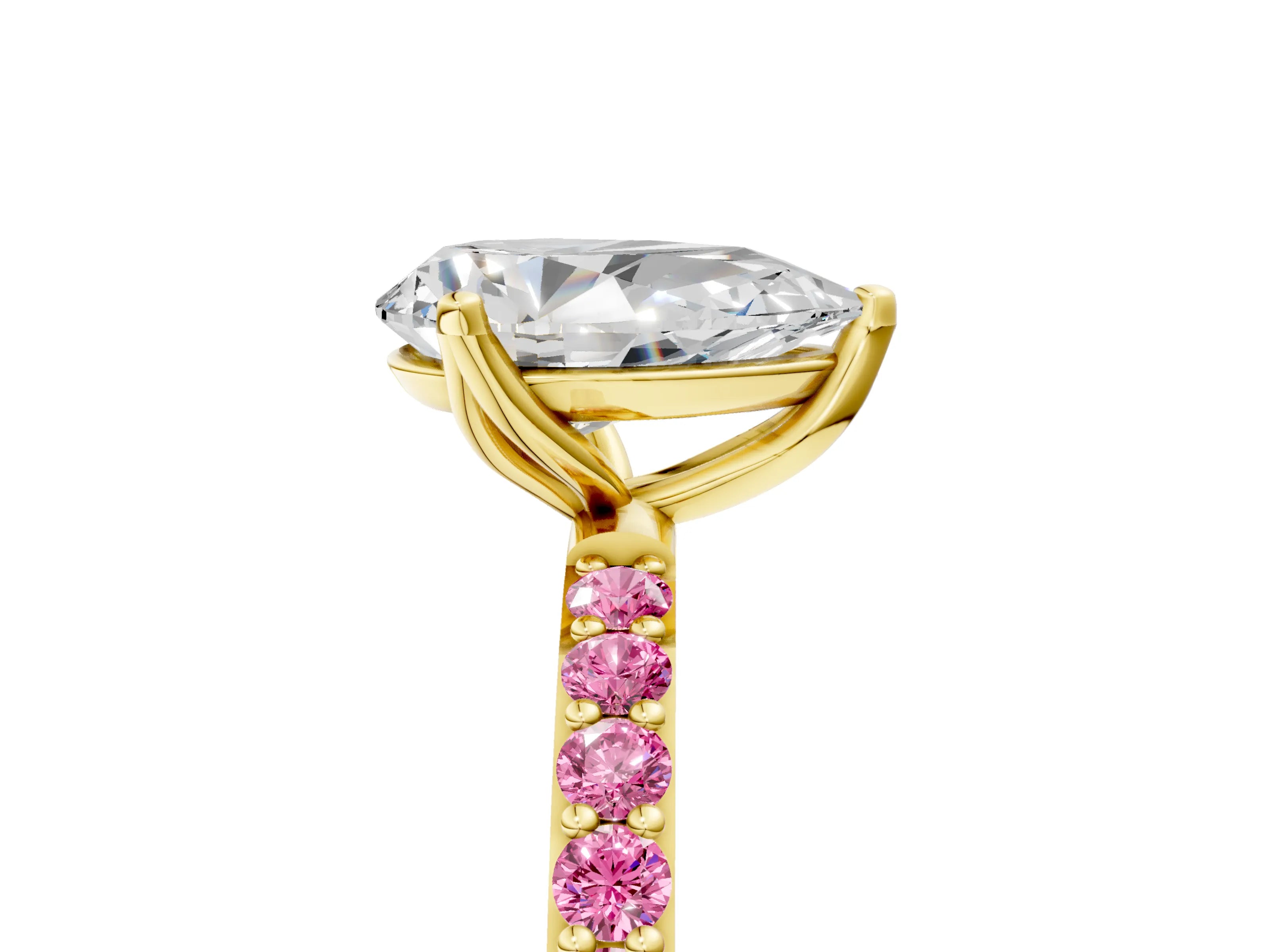 Yellow gold Pear Cut Diamond Solitaire Engagement Ring with Round with Pink Sapphire side stone Pavé Band and Prong Setting_5