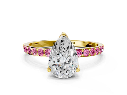 Yellow gold Pear Cut Diamond Solitaire Engagement Ring with Round with Pink Sapphire side stone Pavé Band and Prong Setting