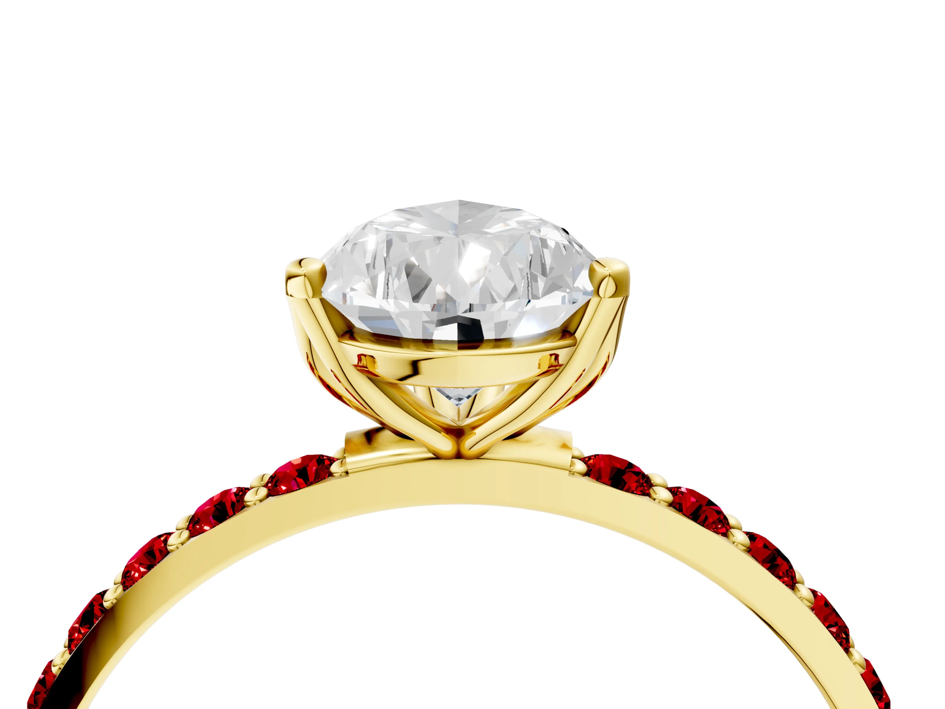 Yellow gold Pear Cut Diamond Solitaire Engagement Ring with Round with Ruby side stone Pavé Band and Prong Setting_4