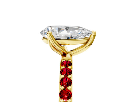 Yellow gold Pear Cut Diamond Solitaire Engagement Ring with Round with Ruby side stone Pavé Band and Prong Setting_5