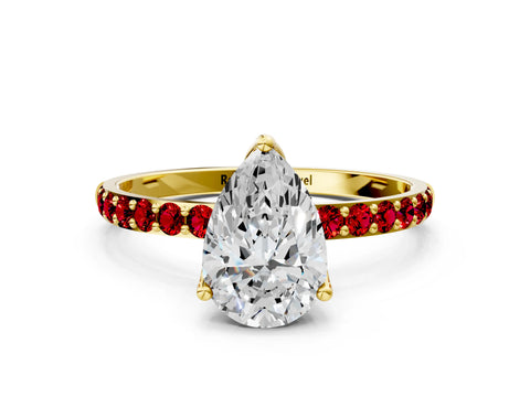 Yellow gold Pear Cut Diamond Solitaire Engagement Ring with Round with Ruby side stone Pavé Band and Prong Setting