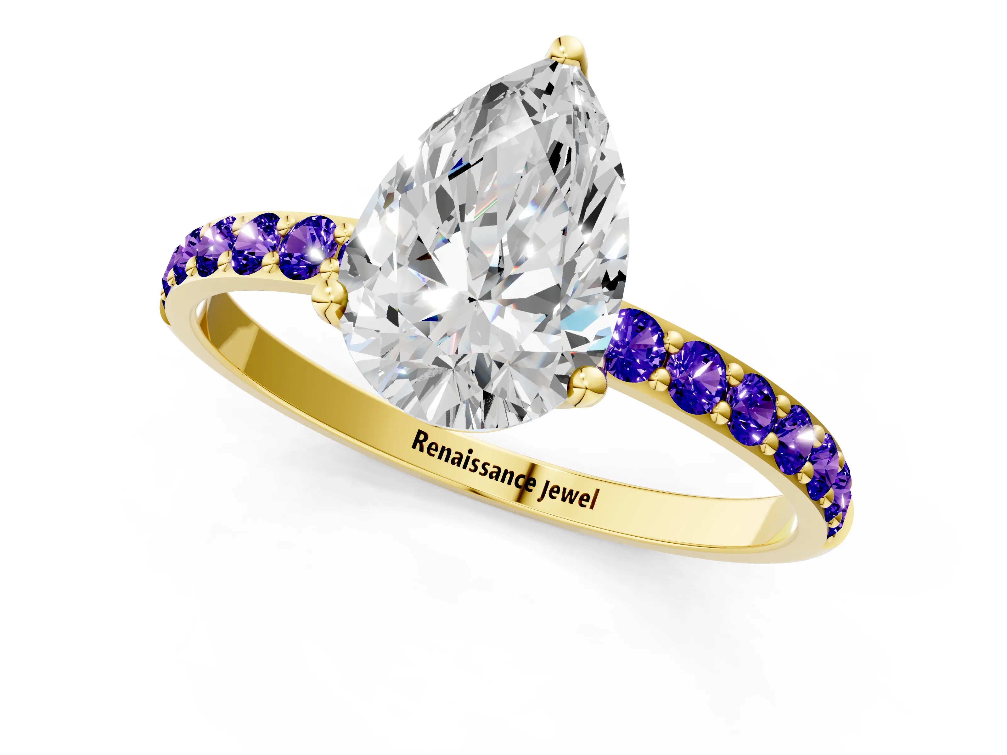 Yellow gold Pear Cut Diamond Solitaire Engagement Ring with Round with Tanzanite side stone Pavé Band and Prong Setting_1