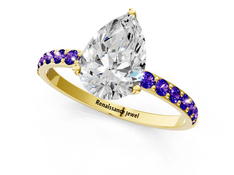 Yellow gold Pear Cut Diamond Solitaire Engagement Ring with Round with Tanzanite side stone Pavé Band and Prong Setting_1