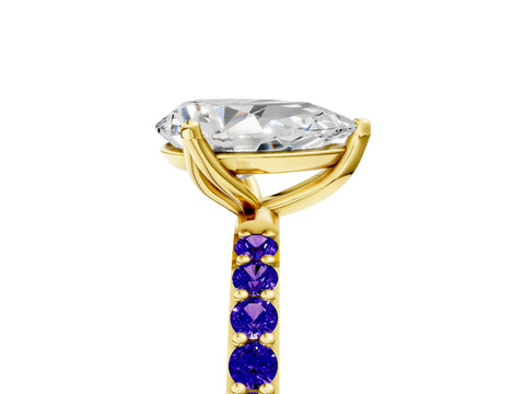 Yellow gold Pear Cut Diamond Solitaire Engagement Ring with Round with Tanzanite side stone Pavé Band and Prong Setting_5