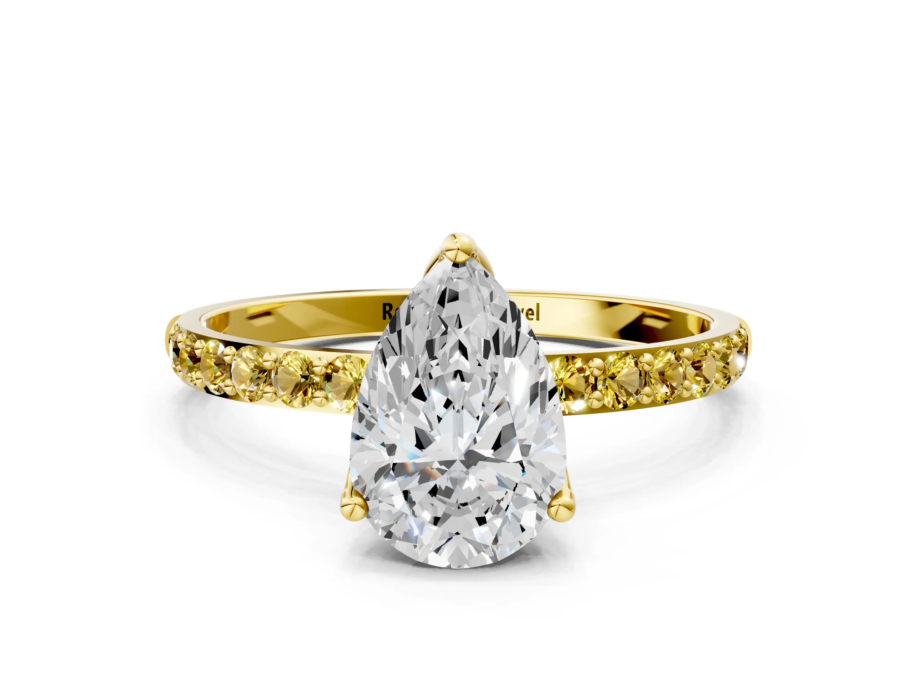 Yellow gold Pear Cut Diamond Solitaire Engagement Ring with Round with Yellow Sapphire side stone Pavé Band and Prong Setting