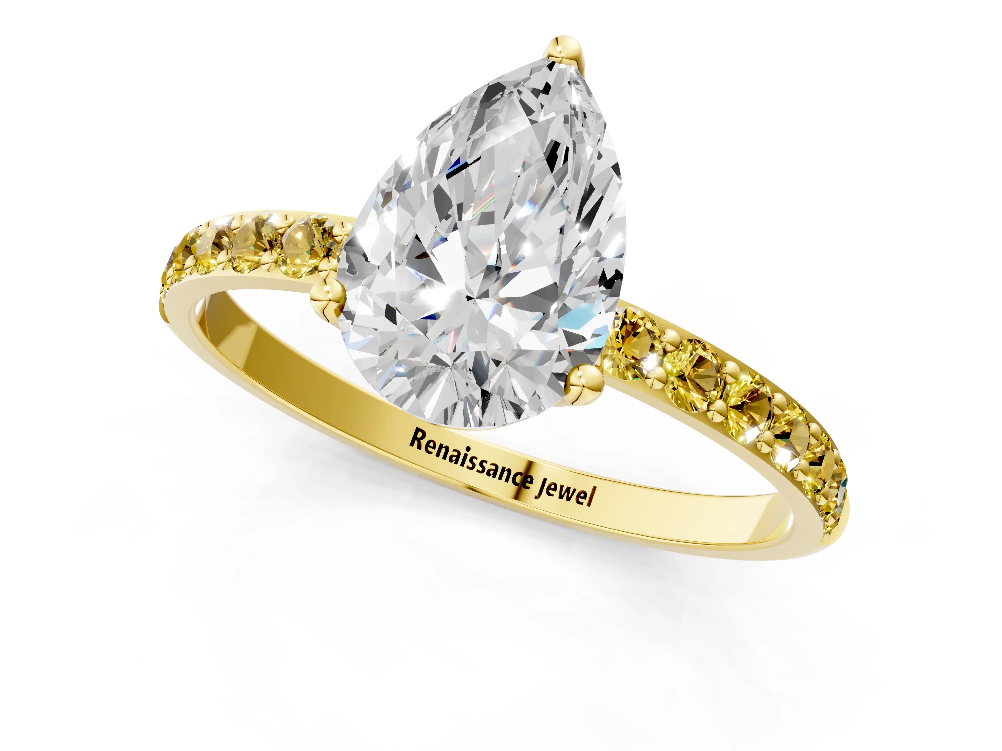 Yellow gold Pear Cut Diamond Solitaire Engagement Ring with Round with Yellow Sapphire side stone Pavé Band and Prong Setting_1