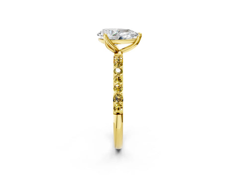 Yellow gold Pear Cut Diamond Solitaire Engagement Ring with Round with Yellow Sapphire side stone Pavé Band and Prong Setting_2