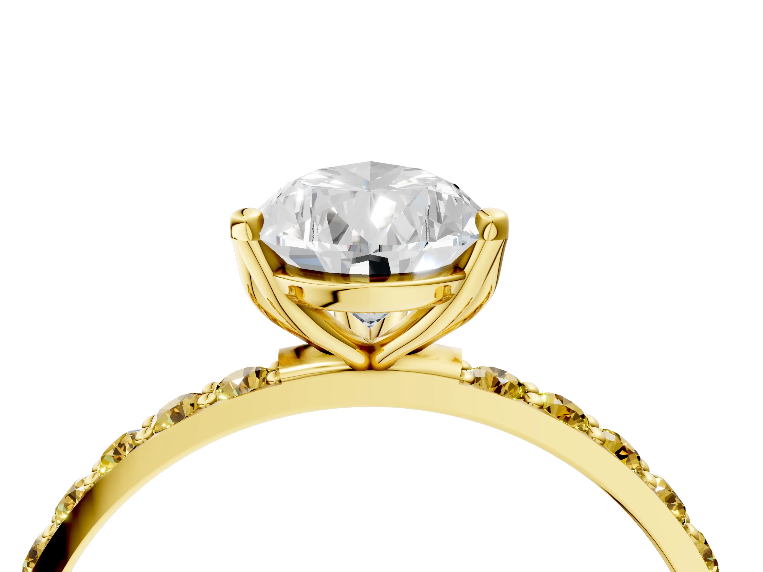 Yellow gold Pear Cut Diamond Solitaire Engagement Ring with Round with Yellow Sapphire side stone Pavé Band and Prong Setting_4