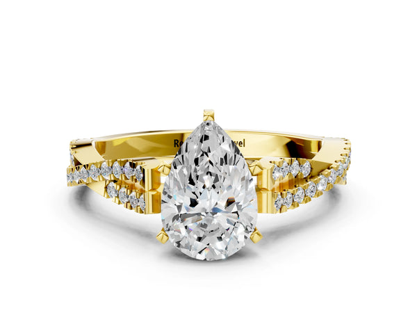 Yellow gold Pear Cut Diamond Solitaire Engagement Ring with Twisted Pavé Band and Four-Prong Setting
