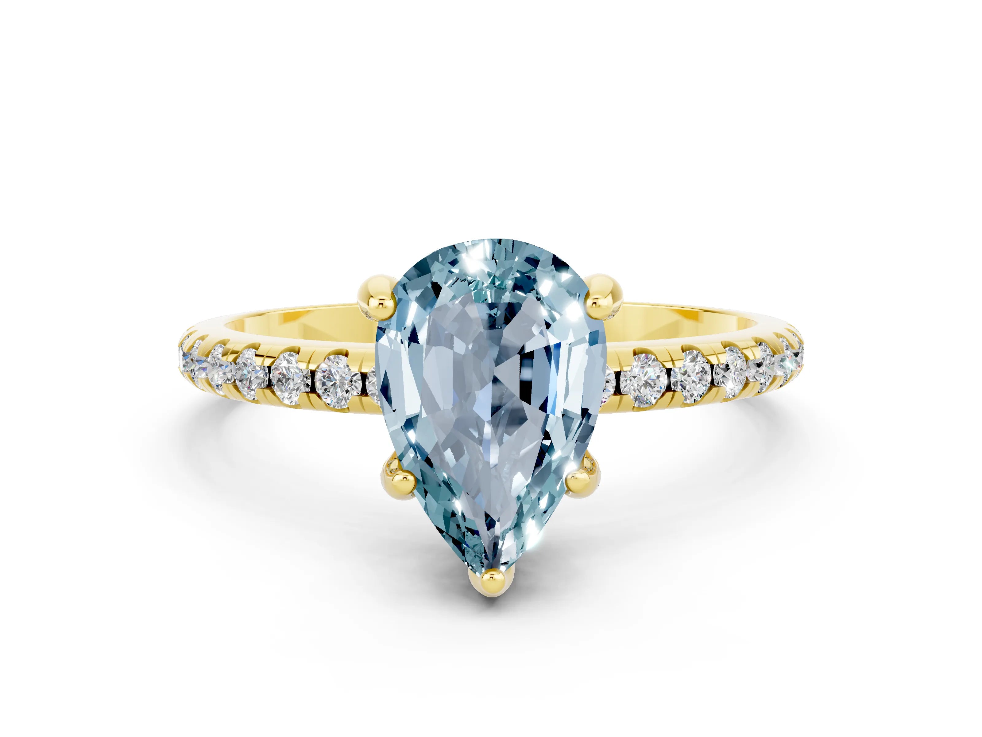 Yellow gold Pear Cut Diamond Solitaire Ring with Four-Prong Setting and Pavé Band