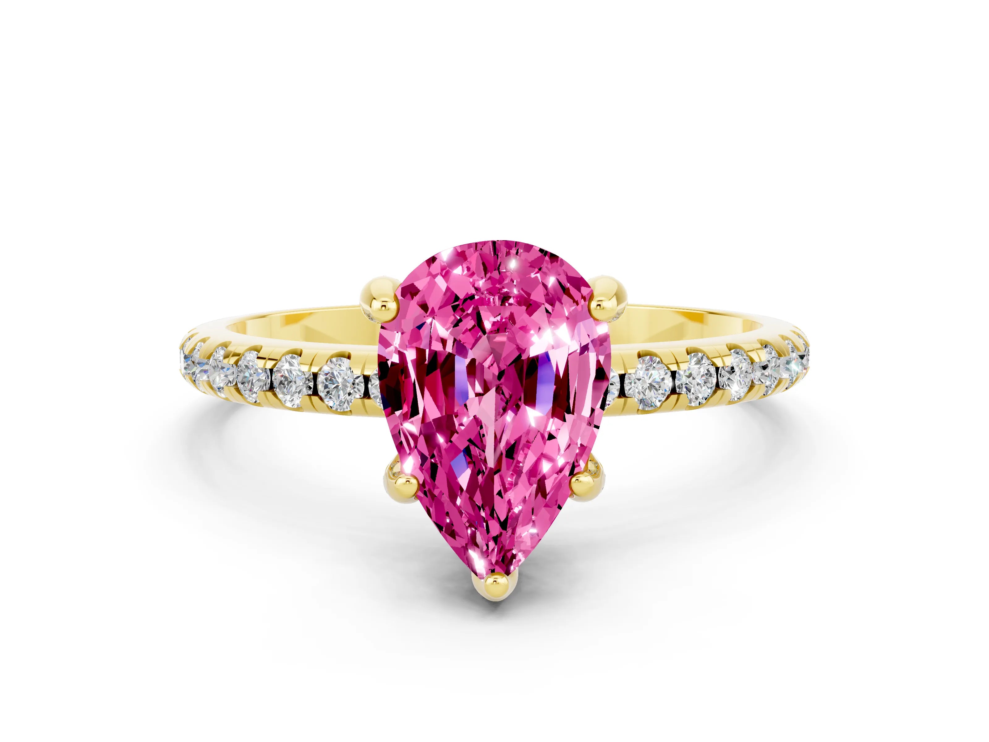 Yellow gold Pear Cut Diamond Solitaire Ring with Four-Prong Setting and Pavé Band