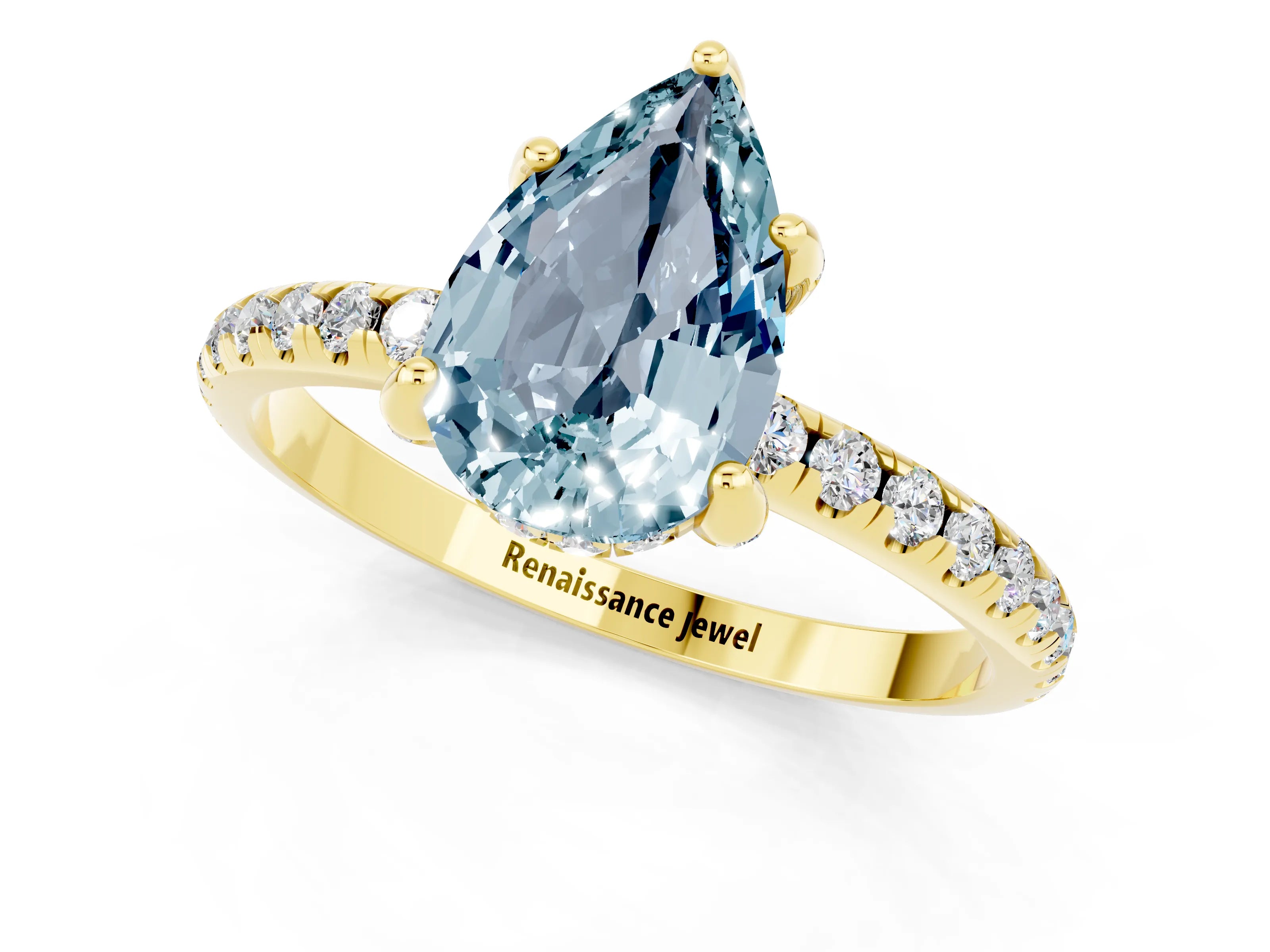 Yellow gold Pear Cut Diamond Solitaire Ring with Four-Prong Setting and Pavé Band_1