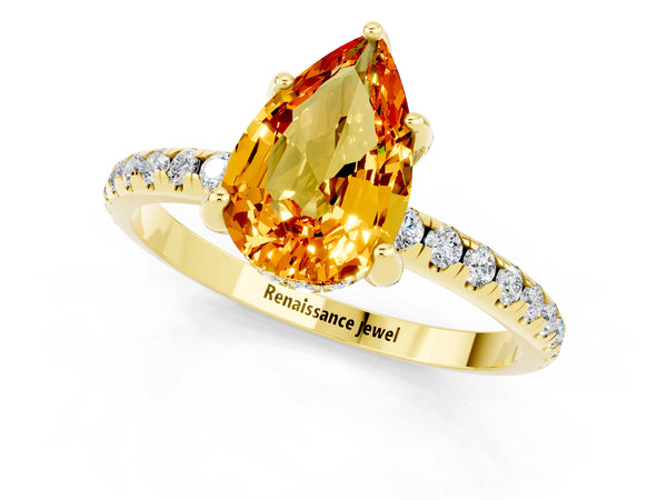 Yellow gold Pear Cut Citrine Hidden Halo Engagement Ring with Round Pavé Band and Prong Setting