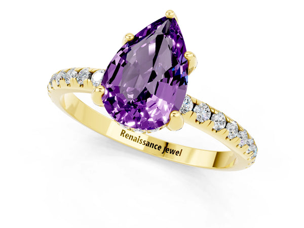 Yellow gold Pear Cut Amethyst Hidden Halo Engagement Ring with Round Pavé Band and Prong Setting