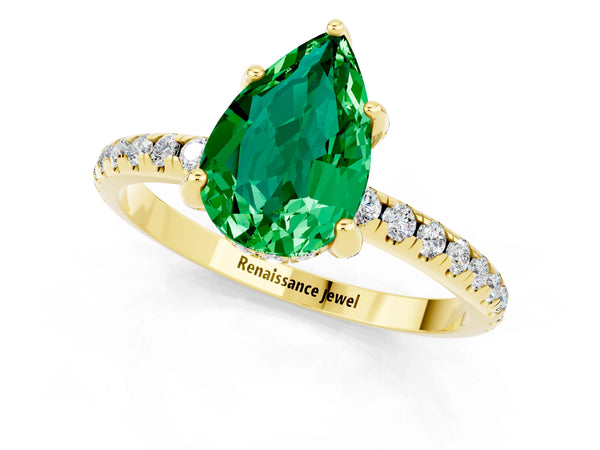 Yellow gold Pear Cut Emerald Hidden Halo Engagement Ring with Round Pavé Band and Prong Setting