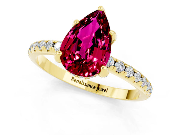 Yellow gold Pear Cut Garnet Hidden Halo Engagement Ring with Round Pavé Band and Prong Setting