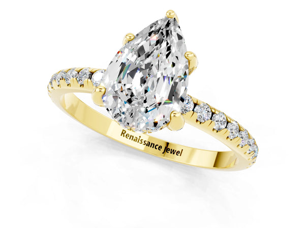 Yellow gold Pear Cut Moissanite Hidden Halo Engagement Ring with Round Pavé Band and Prong Setting