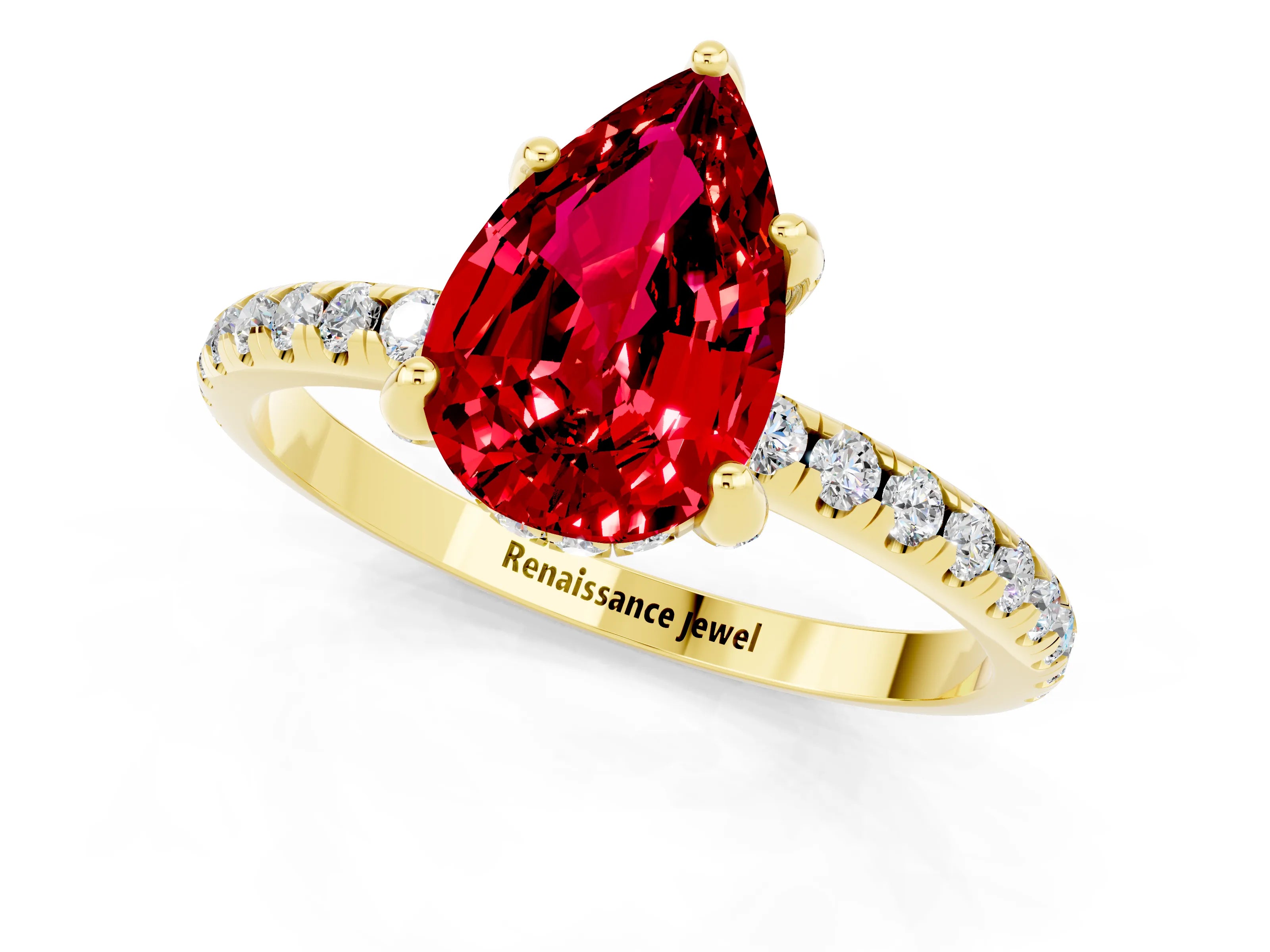 Yellow gold Pear Cut Diamond Solitaire Ring with Four-Prong Setting and Pavé Band_1