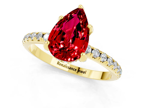 Yellow gold Pear Cut Diamond Solitaire Ring with Four-Prong Setting and Pavé Band_1