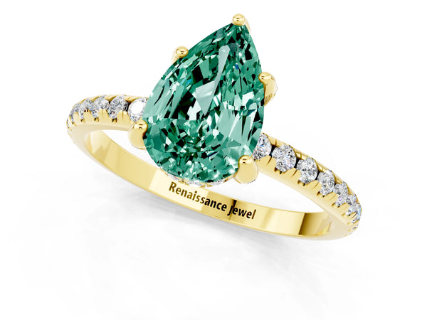 Yellow gold Pear Cut Green Sapphire Hidden Halo Engagement Ring with Round Pavé Band and Prong Setting