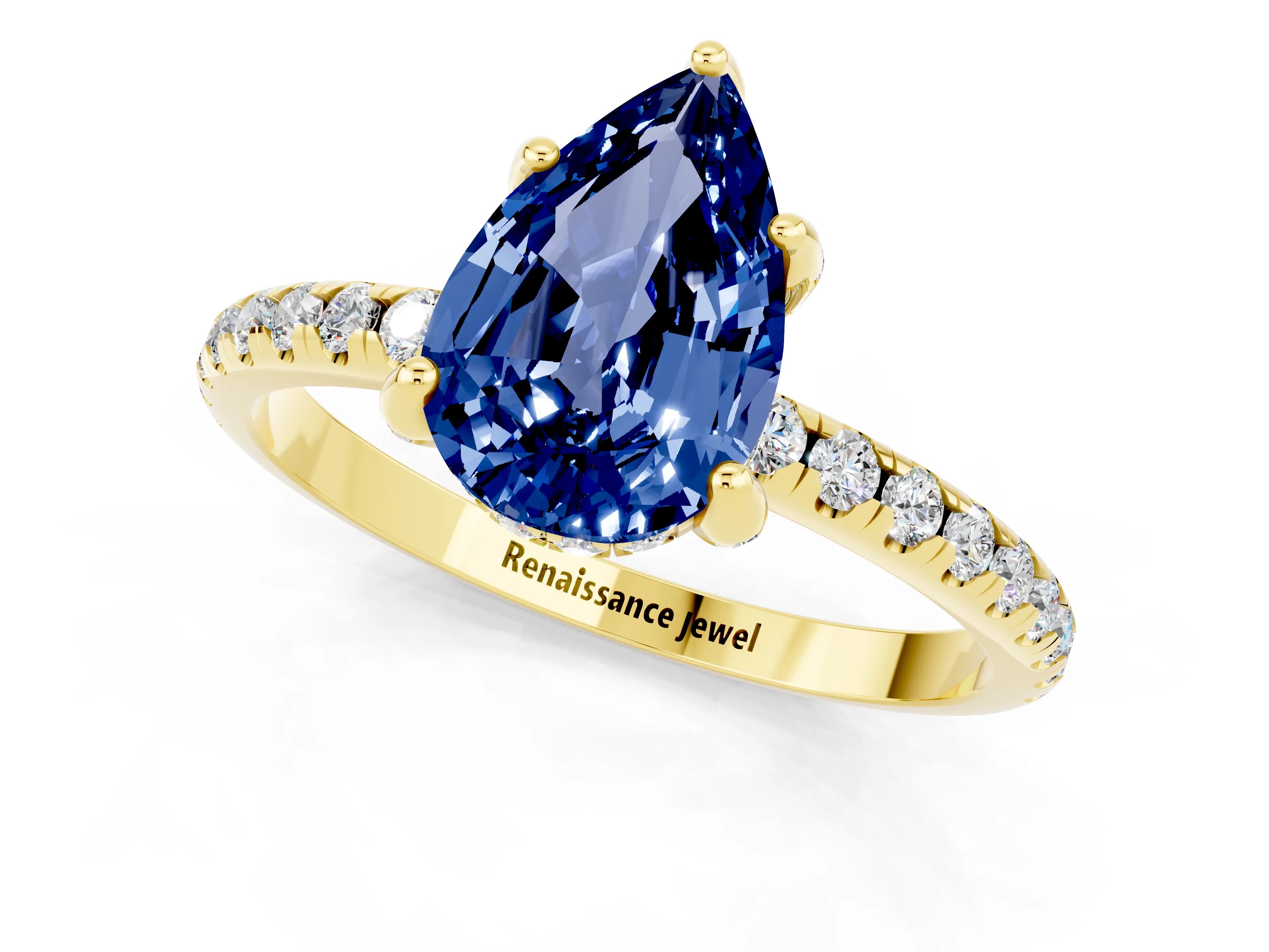 Yellow gold Pear Cut Diamond Solitaire Ring with Four-Prong Setting and Pavé Band_1