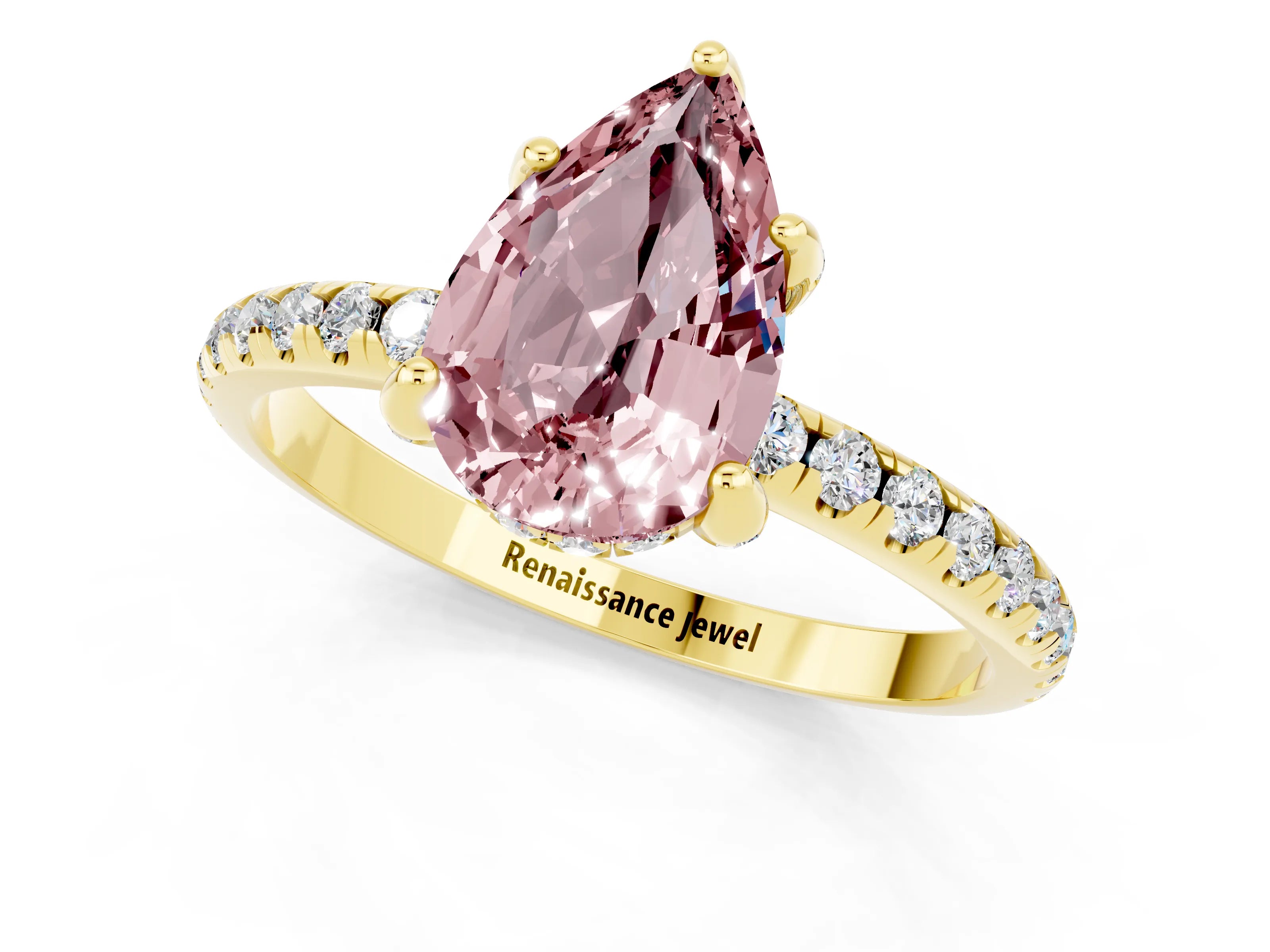 Yellow gold Pear Cut Diamond Solitaire Ring with Four-Prong Setting and Pavé Band_1