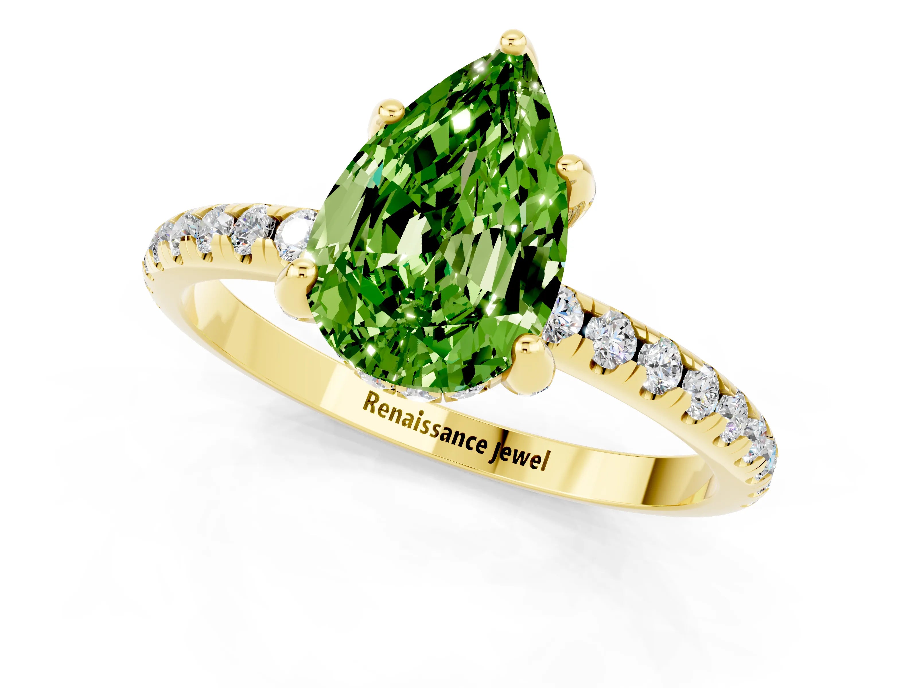Yellow gold Pear Cut Diamond Solitaire Ring with Four-Prong Setting and Pavé Band_1