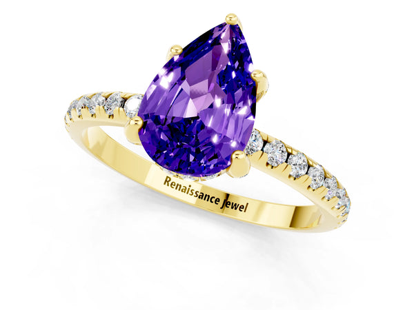 Yellow gold Pear Cut Tanzanite Hidden Halo Engagement Ring with Round Pavé Band and Prong Setting