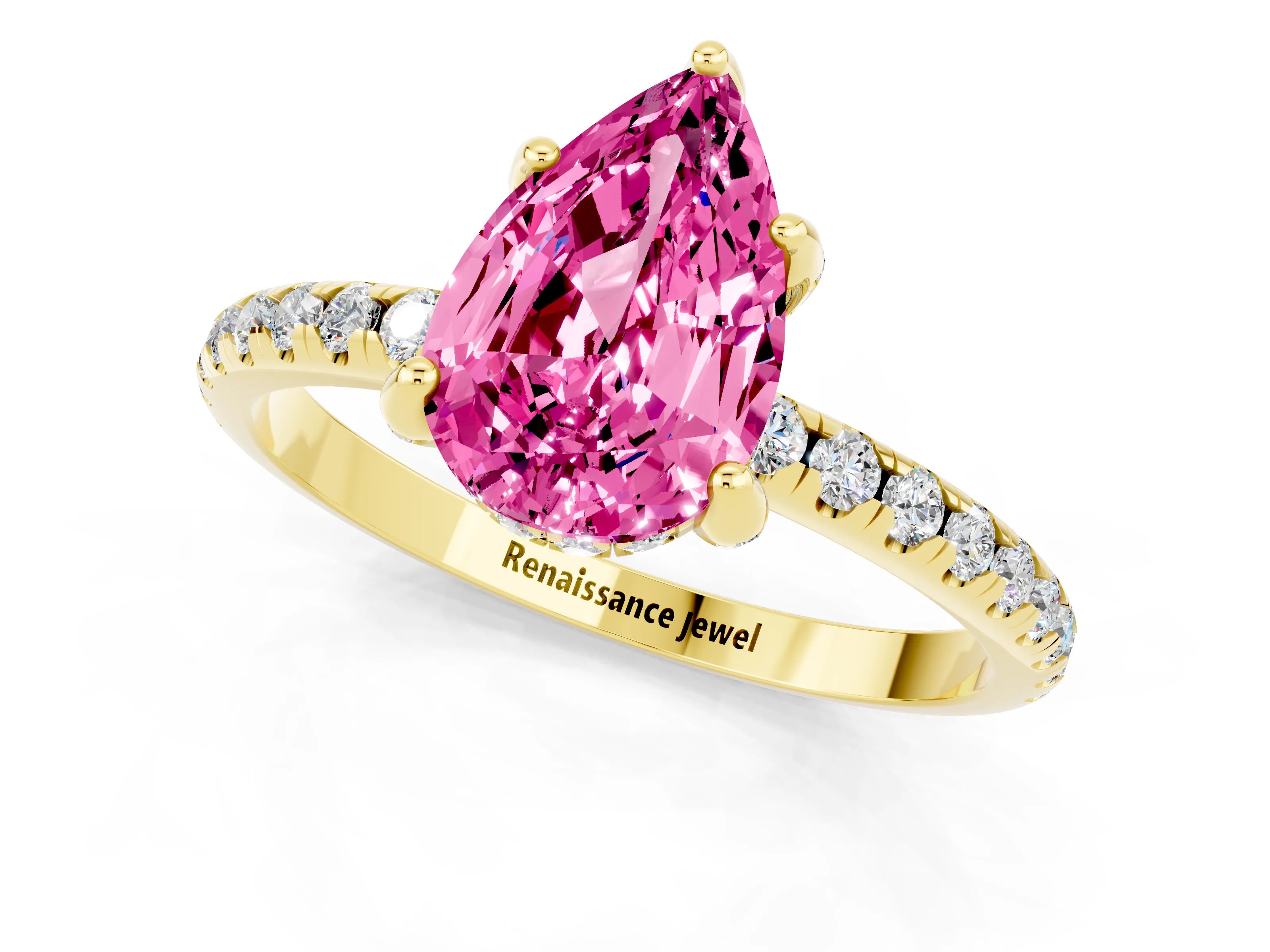 Yellow gold Pear Cut Diamond Solitaire Ring with Four-Prong Setting and Pavé Band_1