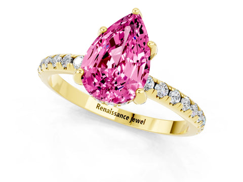 Yellow gold Pear Cut Diamond Solitaire Ring with Four-Prong Setting and Pavé Band_1
