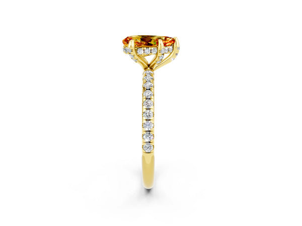 Yellow gold Pear Cut Citrine Hidden Halo Engagement Ring with Round Pavé Band and Prong Setting