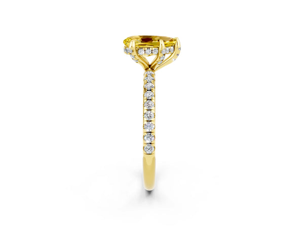 Yellow gold Pear Cut Yellow Sapphire Hidden Halo Engagement Ring with Round Pavé Band and Prong Setting