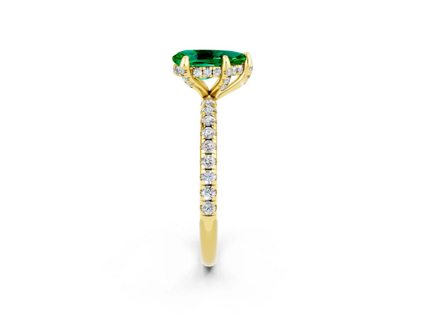 Yellow gold Pear Cut Emerald Hidden Halo Engagement Ring with Round Pavé Band and Prong Setting