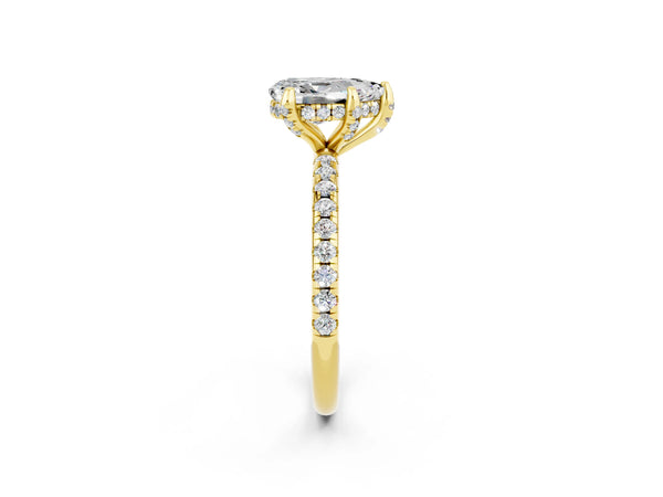 Yellow gold Pear Cut Moissanite Hidden Halo Engagement Ring with Round Pavé Band and Prong Setting