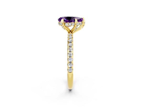 Yellow gold Pear Cut Amethyst Hidden Halo Engagement Ring with Round Pavé Band and Prong Setting