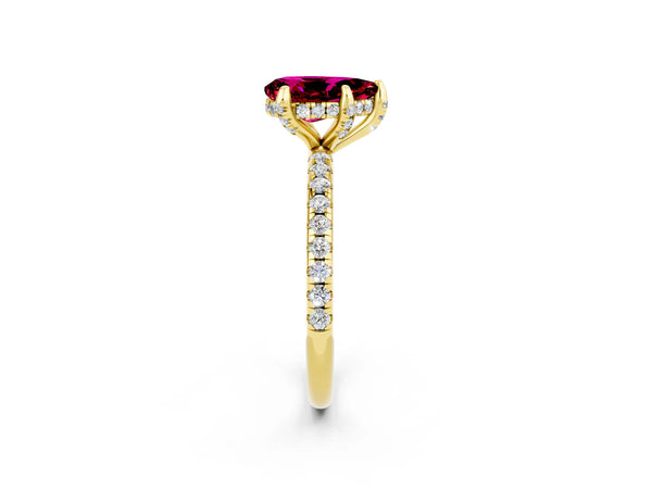 Yellow gold Pear Cut Garnet Hidden Halo Engagement Ring with Round Pavé Band and Prong Setting