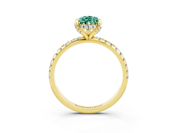 Yellow gold Pear Cut Green Sapphire Hidden Halo Engagement Ring with Round Pavé Band and Prong Setting