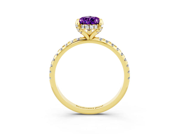 Yellow gold Pear Cut Amethyst Hidden Halo Engagement Ring with Round Pavé Band and Prong Setting