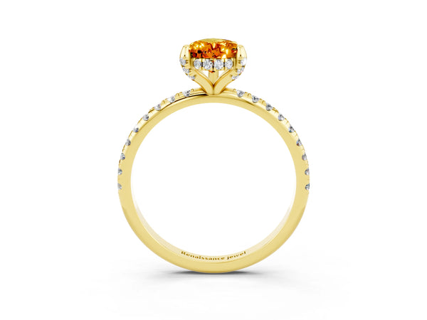 Yellow gold Pear Cut Citrine Hidden Halo Engagement Ring with Round Pavé Band and Prong Setting